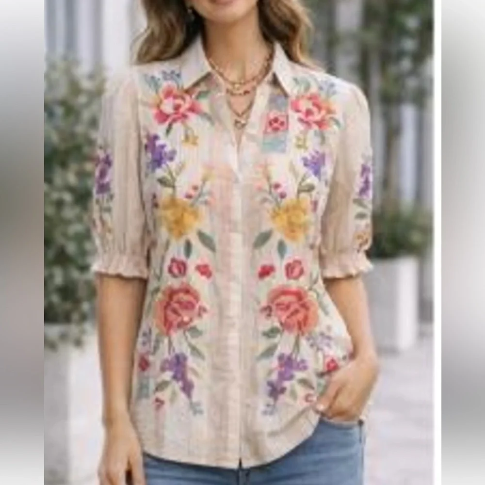 Johnny Was Beige Embroidered Floral Button-Down blouse